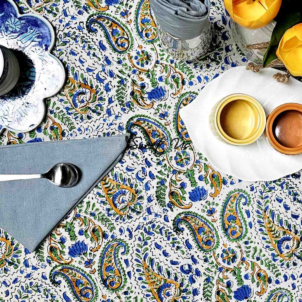 Cotton Block Print Paisley Floral Tablecloth Round 72 inch White Gold Blue