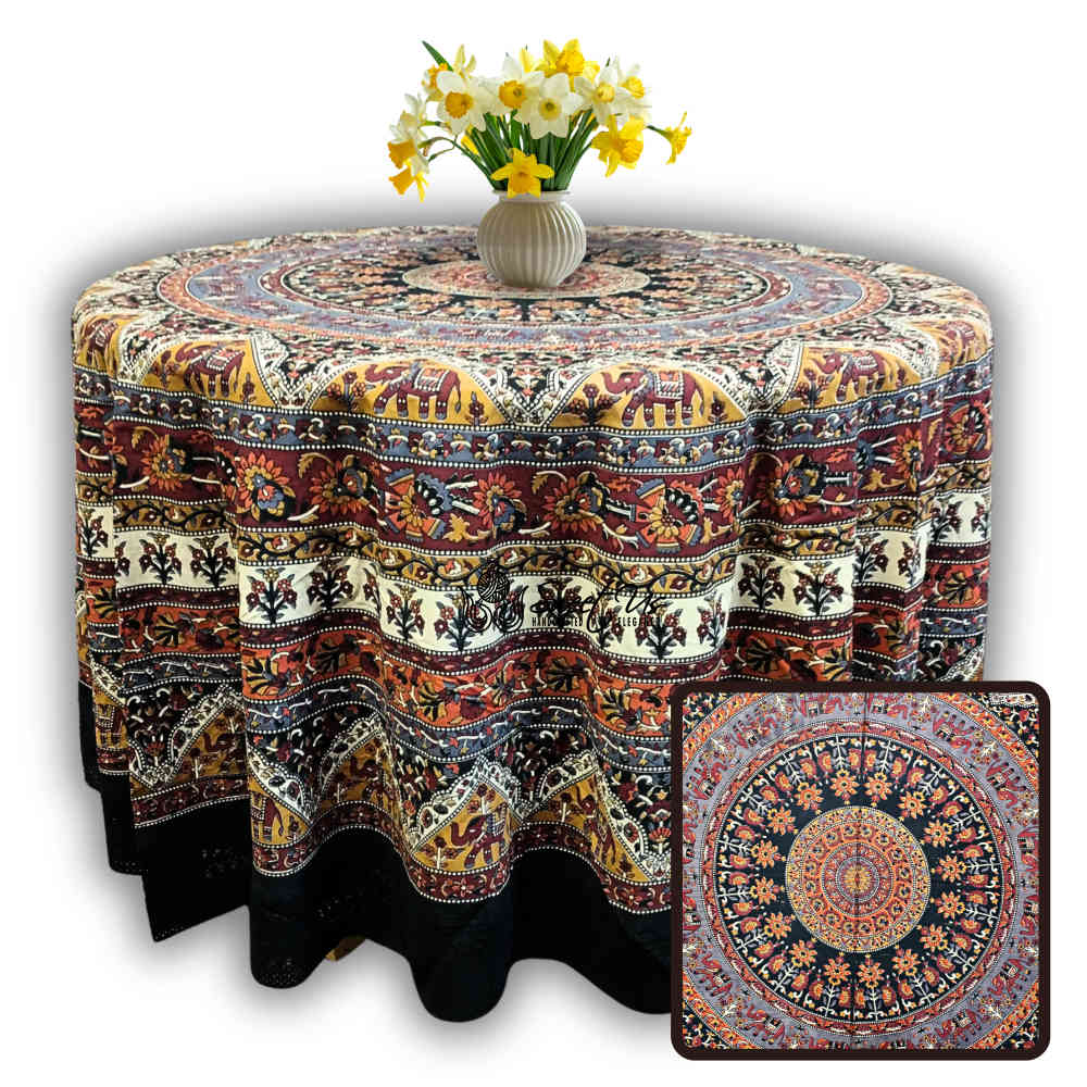 Tusker Bloom Cotton Floral Print Tablecloth Round — Terracotta - Sweet Us