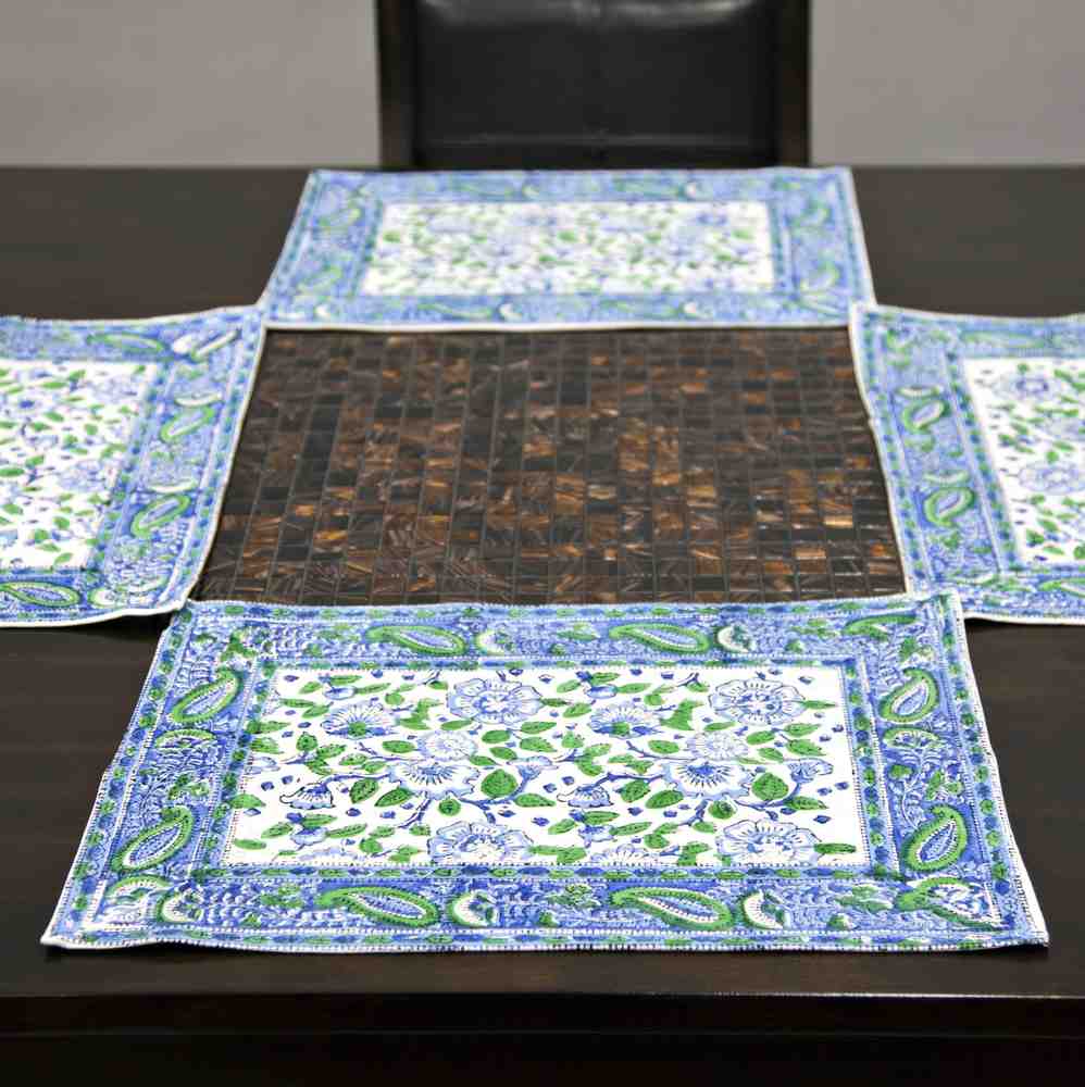 Royal Paisley Floral Block Print Set of 4 Placemats, Seaglass Symphony - Sweet Us