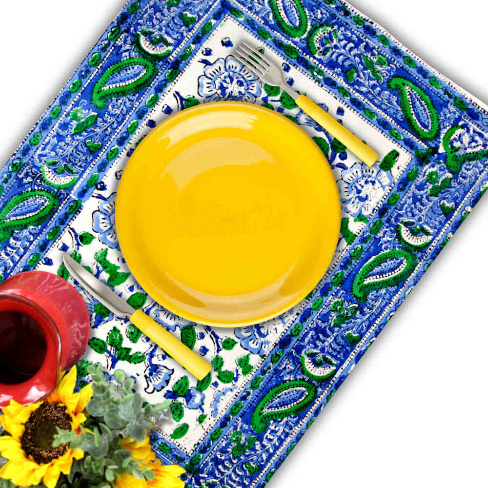 Royal Paisley Floral Block Print Set of 4 Placemats, Seaglass Symphony - Sweet Us
