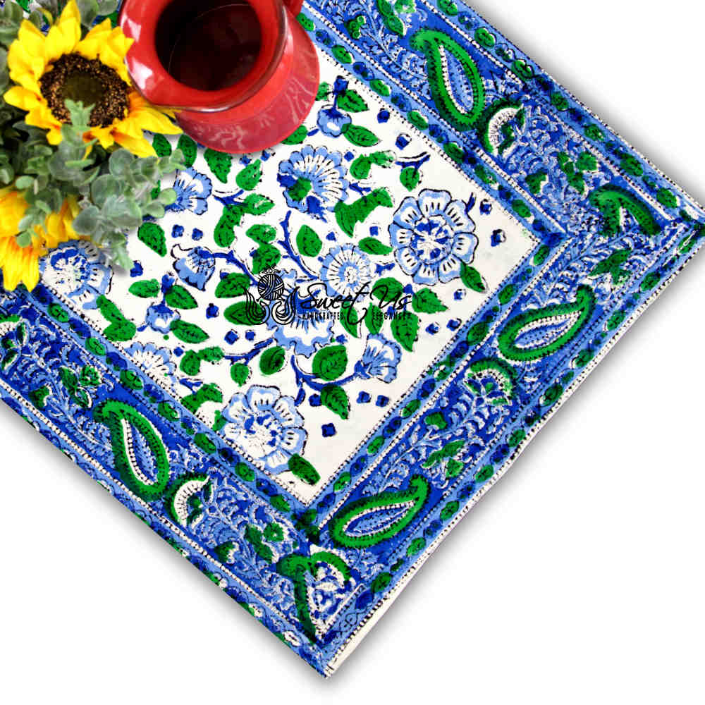 Royal Paisley Floral Block Print Set of 4 Placemats, Seaglass Symphony - Sweet Us