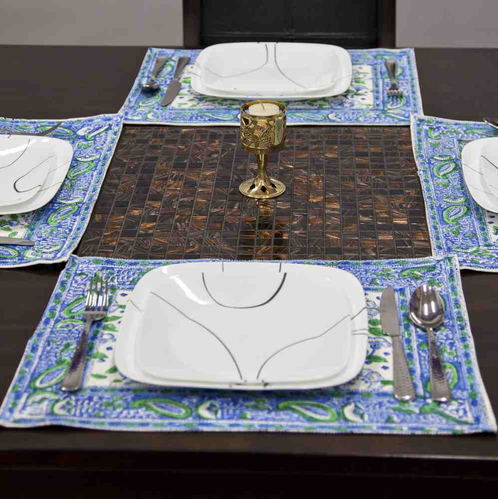 Royal Paisley Floral Block Print Set of 4 Placemats, Seaglass Symphony - Sweet Us