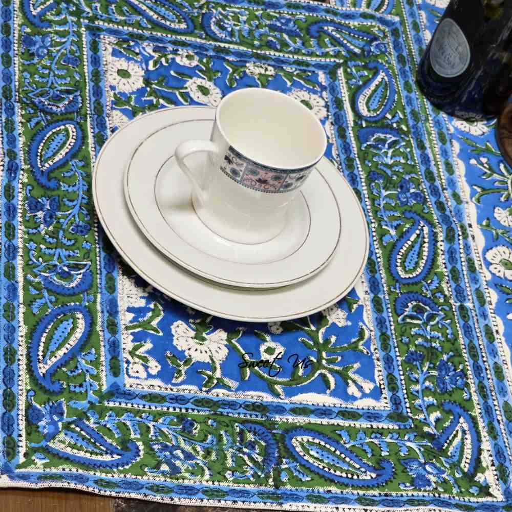Royal Paisley Floral Block Print Placemat, Ocean Blue