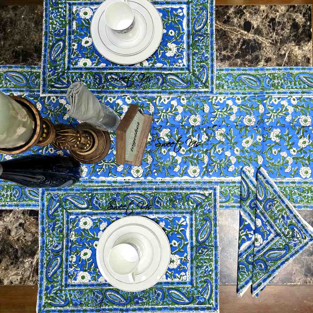 Royal Paisley Floral Block Print Placemat, Ocean Blue