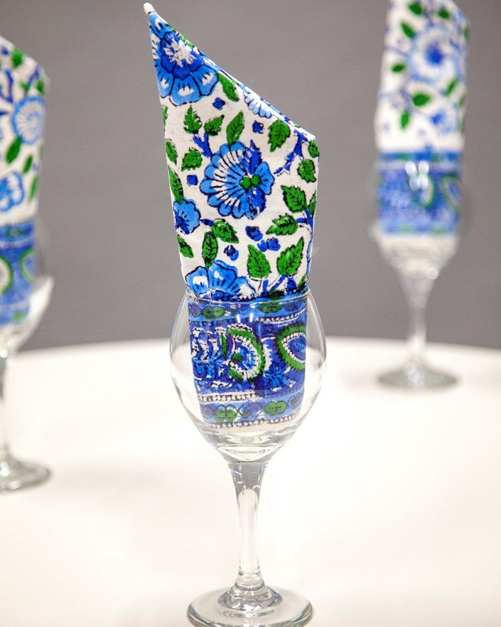 Royal Paisley Floral Block Print Table Napkin, Seaglass Symphony