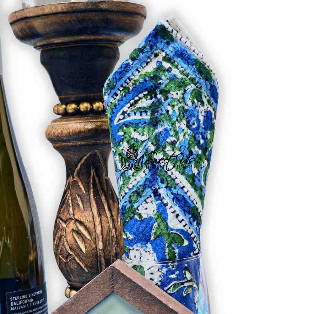 Royal Paisley Floral Block Print Table Napkin, Ocean Blue