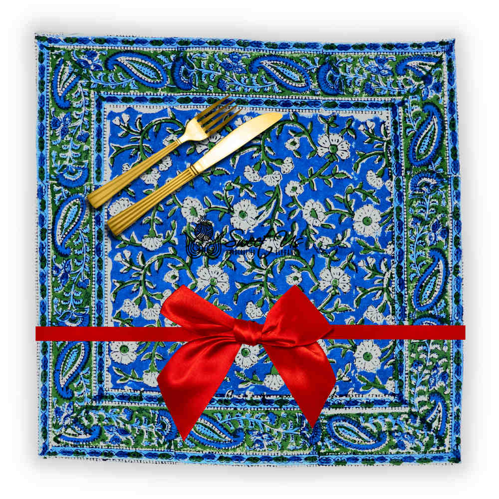 Royal Paisley Floral Block Print Table Napkin, Ocean Blue