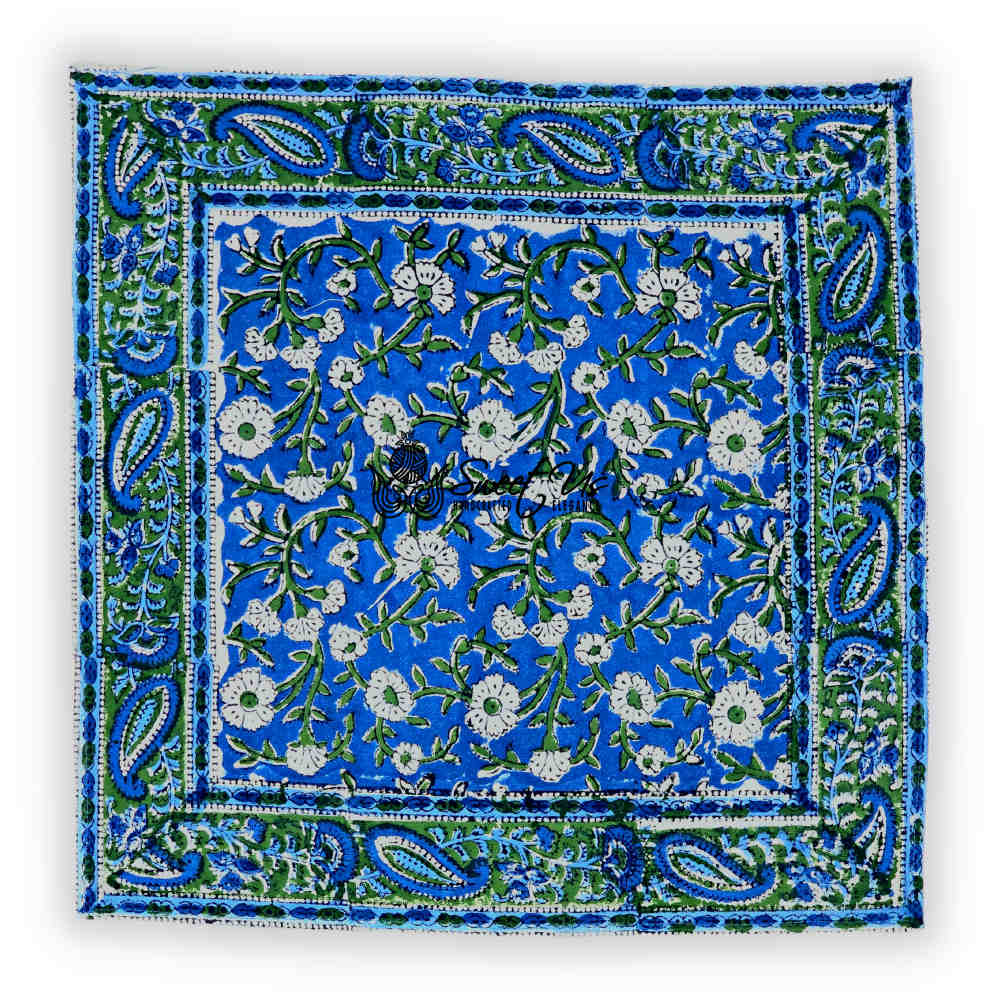 Royal Paisley Floral Block Print Table Napkin, Ocean Blue
