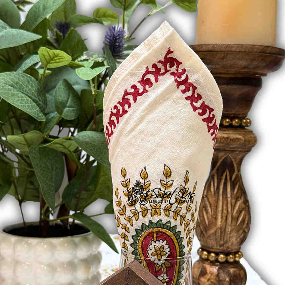 Paisley Cradle Floral Cotton Block Print Set of Four Dinner Napkins, Tuscan Foliage