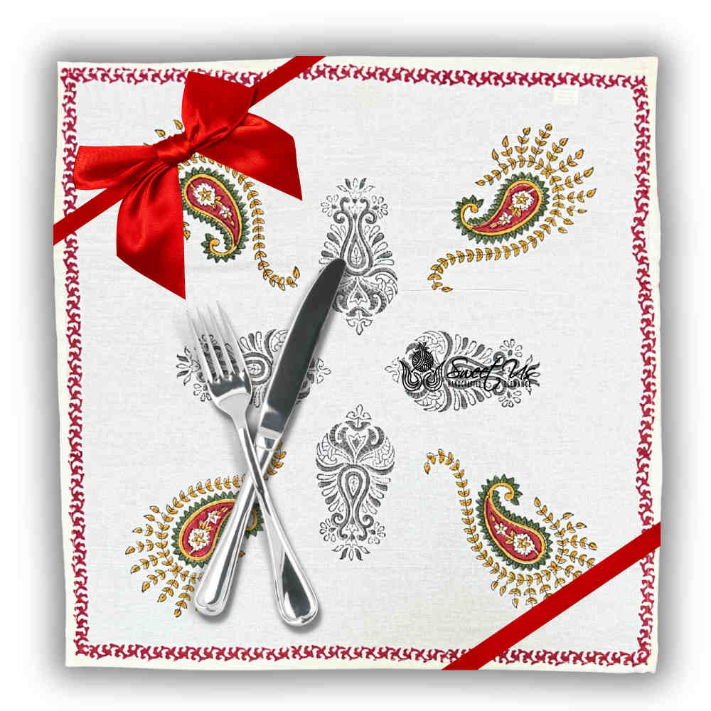 Paisley Cradle Floral Cotton Block Print Set of Four Dinner Napkins, Tuscan Foliage