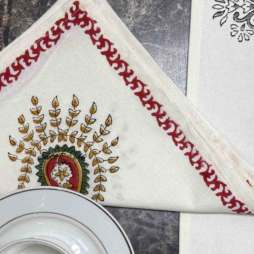 Paisley Cradle Floral Cotton Block Print Set of Four Dinner Napkins, Tuscan Foliage