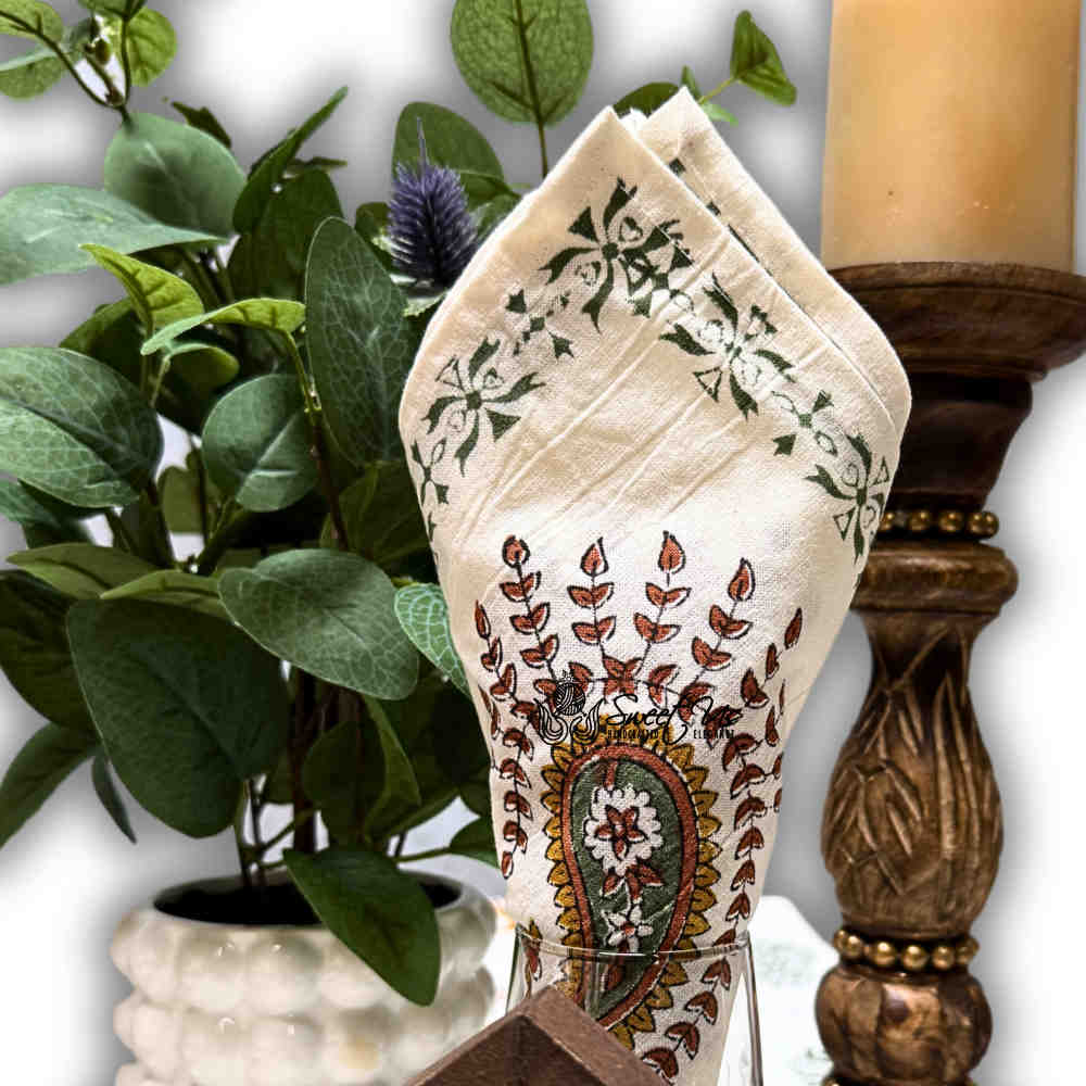 Paisley Cradle Floral Cotton Block Print Set of Four Dinner Napkins, Olive Grove