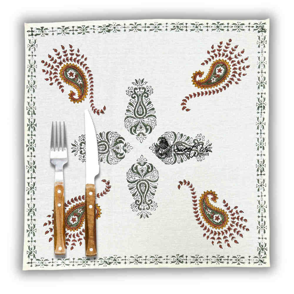 Paisley Cradle Floral Cotton Block Print Set of Four Dinner Napkins, Olive Grove