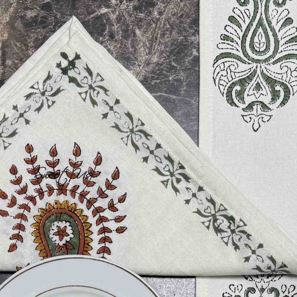 Paisley Cradle Floral Cotton Block Print Set of Four Dinner Napkins, Olive Grove