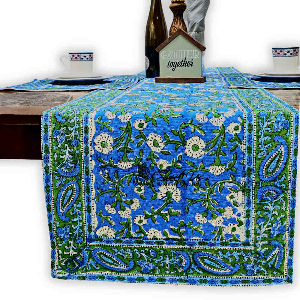 Royal Paisley Floral Cotton Block Print Table Runner, Ocean Blue