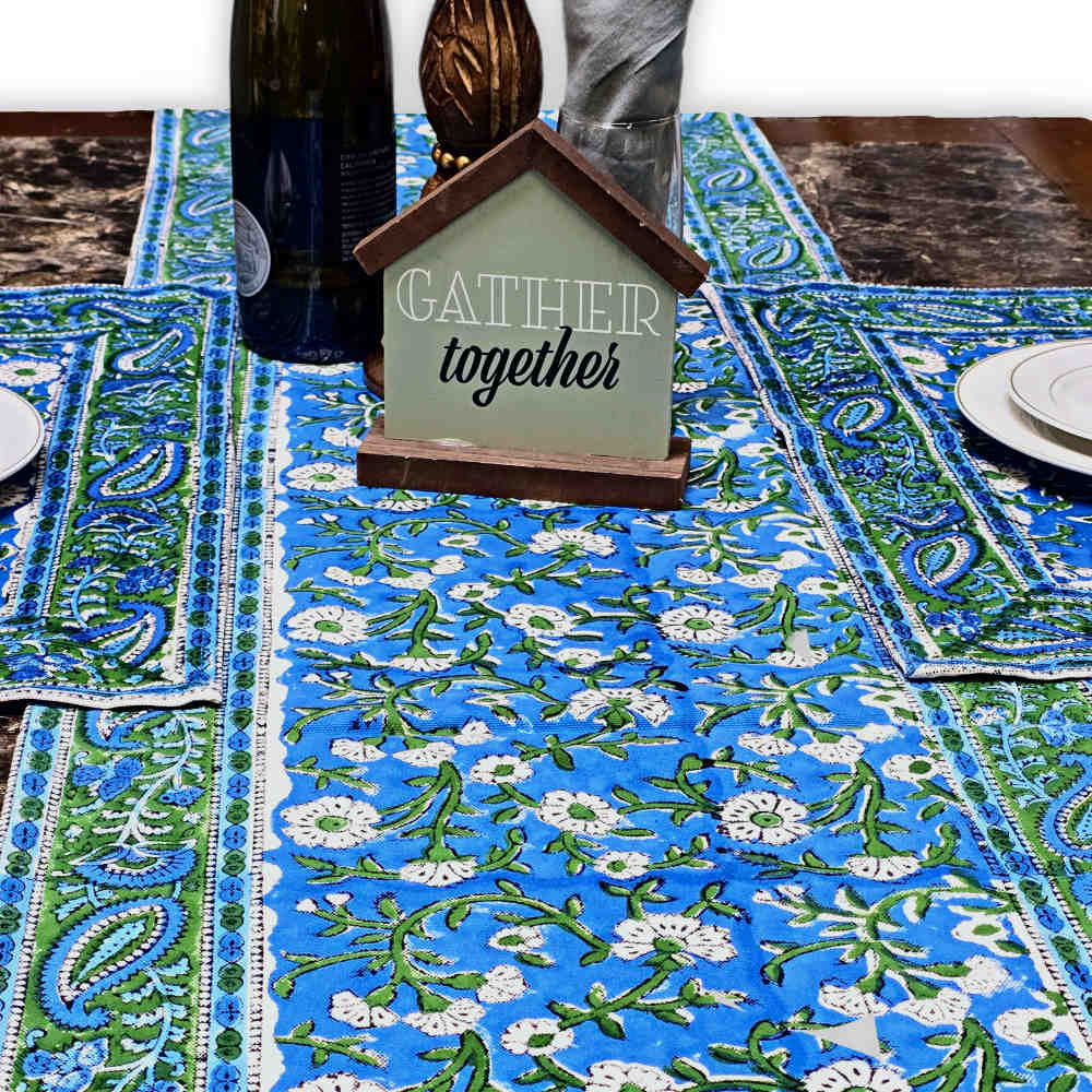 Royal Paisley Floral Cotton Block Print Table Runner, Ocean Blue