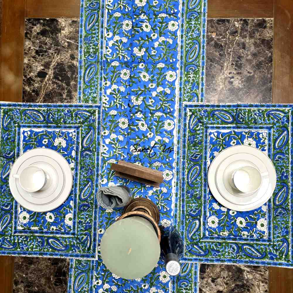 Royal Paisley Floral Cotton Block Print Table Runner, Ocean Blue
