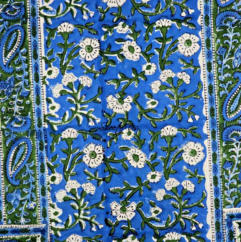 Royal Paisley Floral Cotton Block Print Table Runner, Ocean Blue