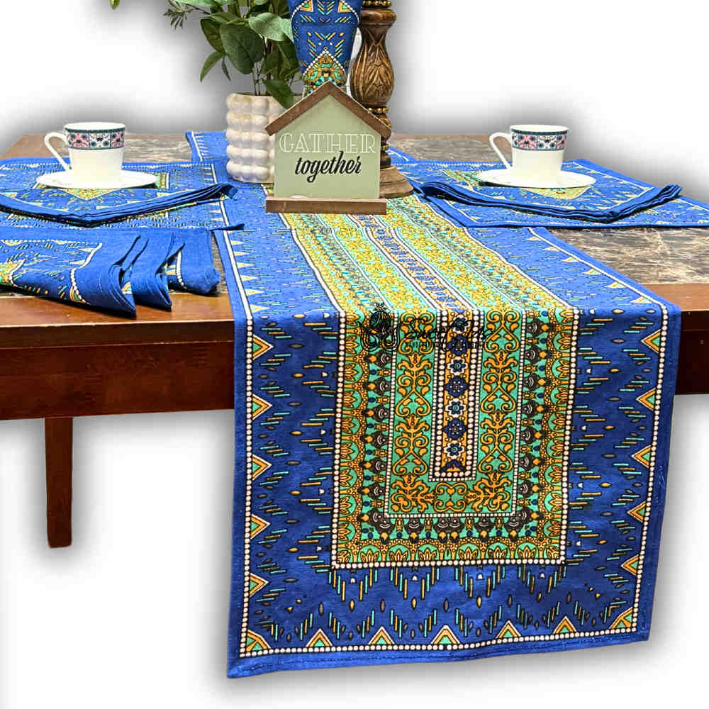Sapphire Spectrum Geometric Print Cotton Table Runner, Turquoise Fusion