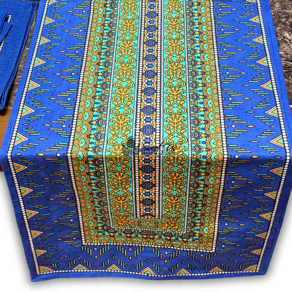 Sapphire Spectrum Geometric Print Cotton Table Runner, Turquoise Fusion
