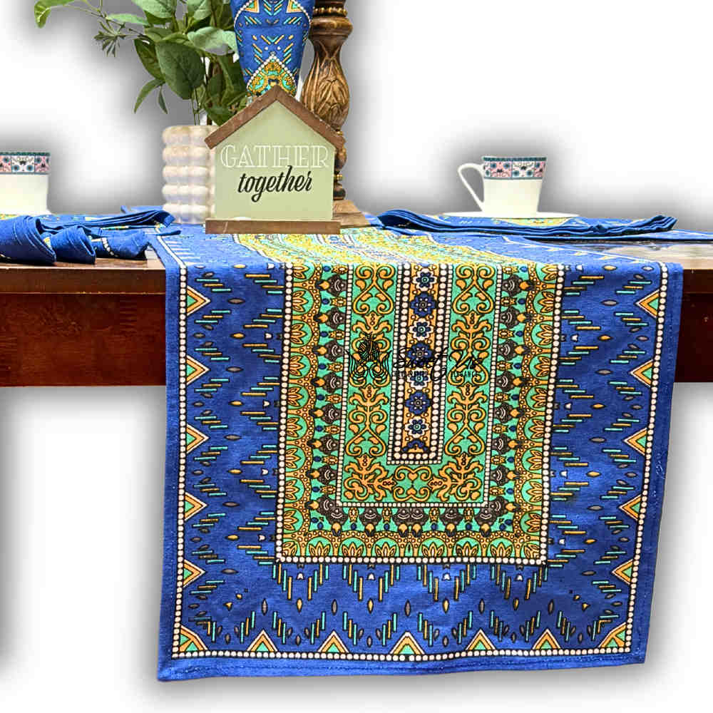 Sapphire Spectrum Geometric Print Cotton Table Runner, Turquoise Fusion