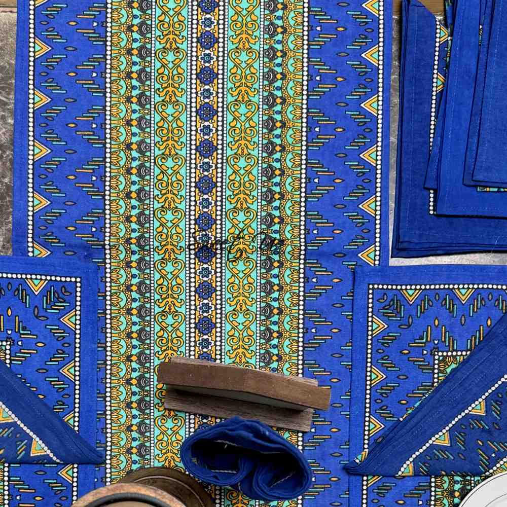 Sapphire Spectrum Geometric Print Cotton Table Runner, Turquoise Fusion