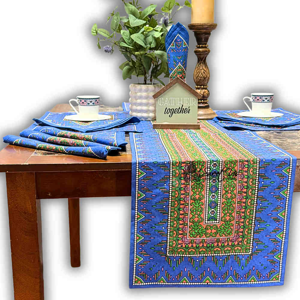 Sapphire Spectrum Geometric Print Cotton Table Runner, Blue Mirage