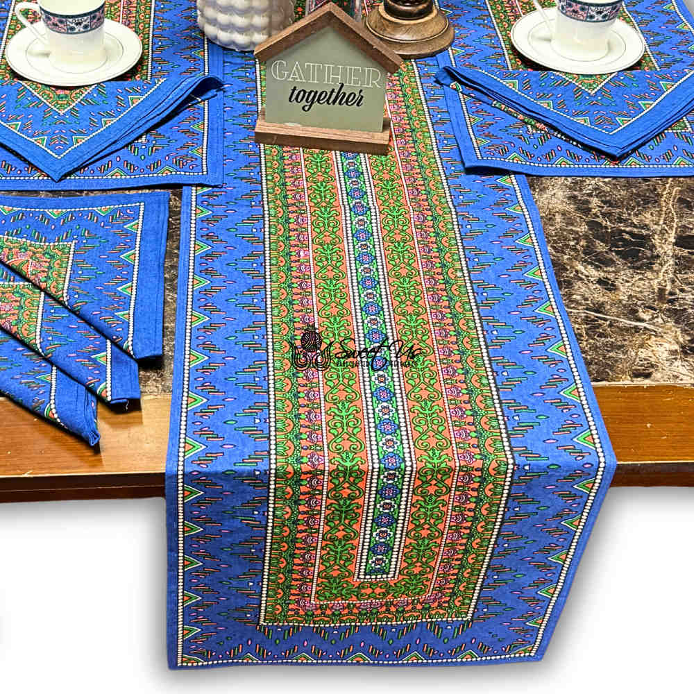 Sapphire Spectrum Geometric Print Cotton Table Runner, Blue Mirage
