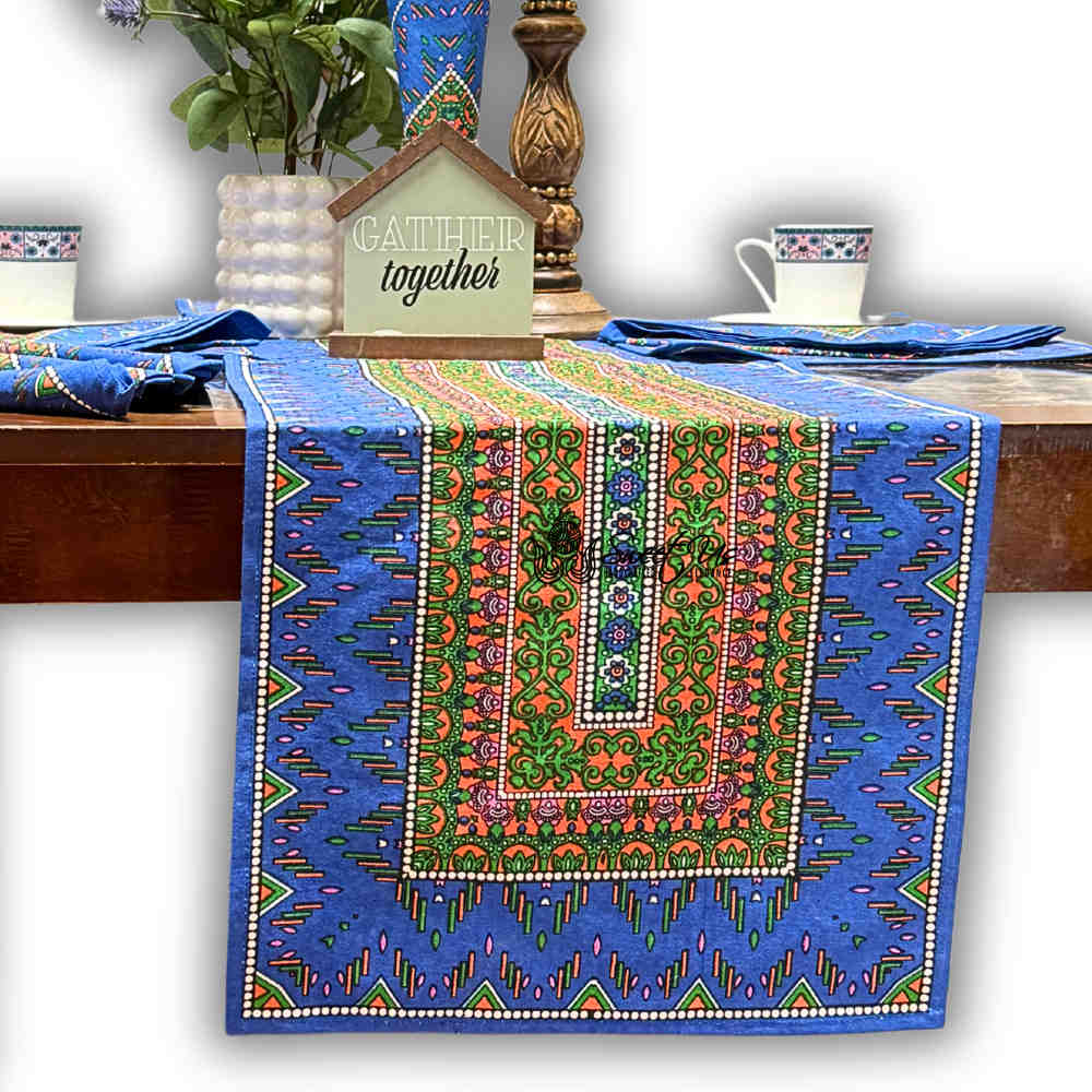 Sapphire Spectrum Geometric Print Cotton Table Runner, Blue Mirage