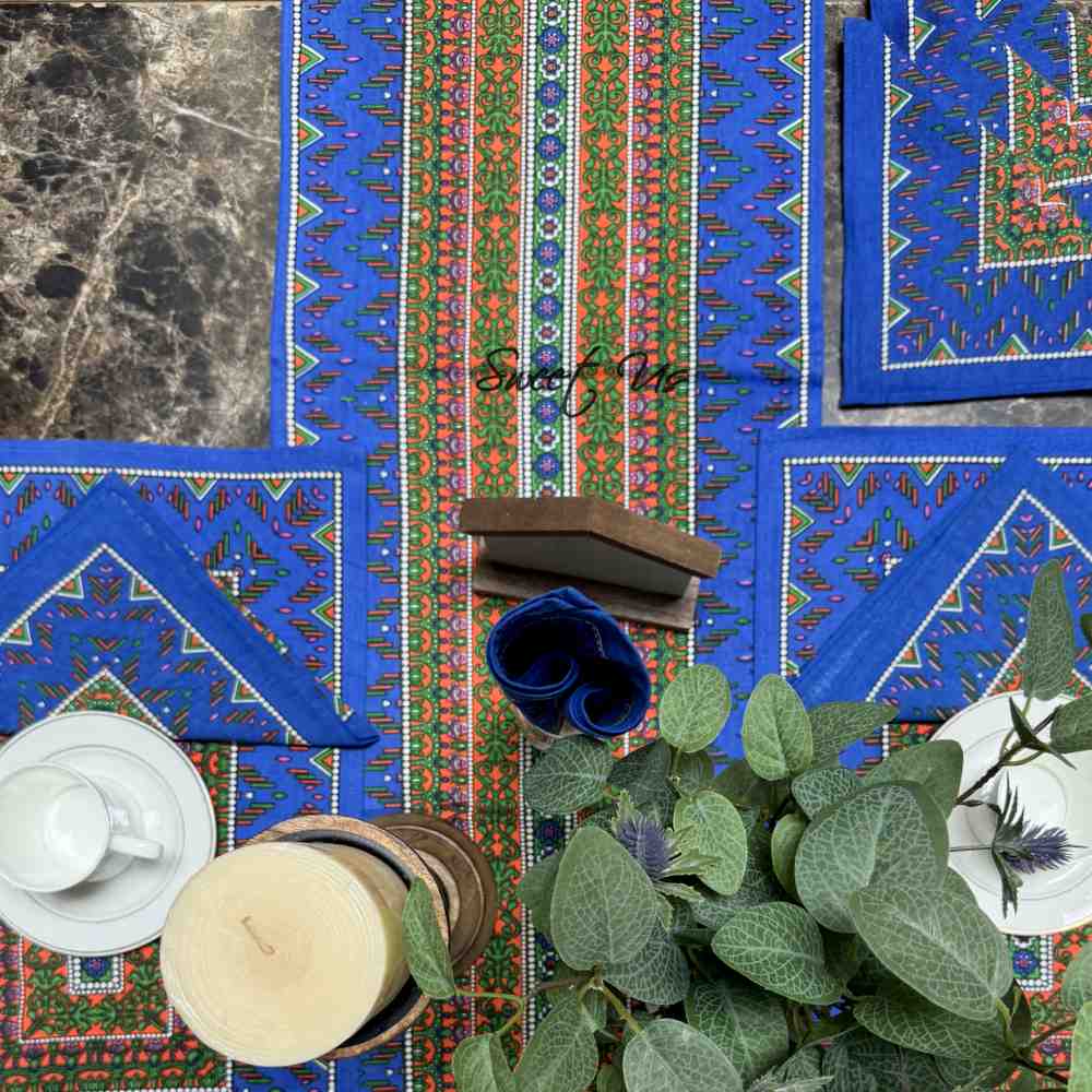 Sapphire Spectrum Geometric Print Cotton Table Runner, Blue Mirage