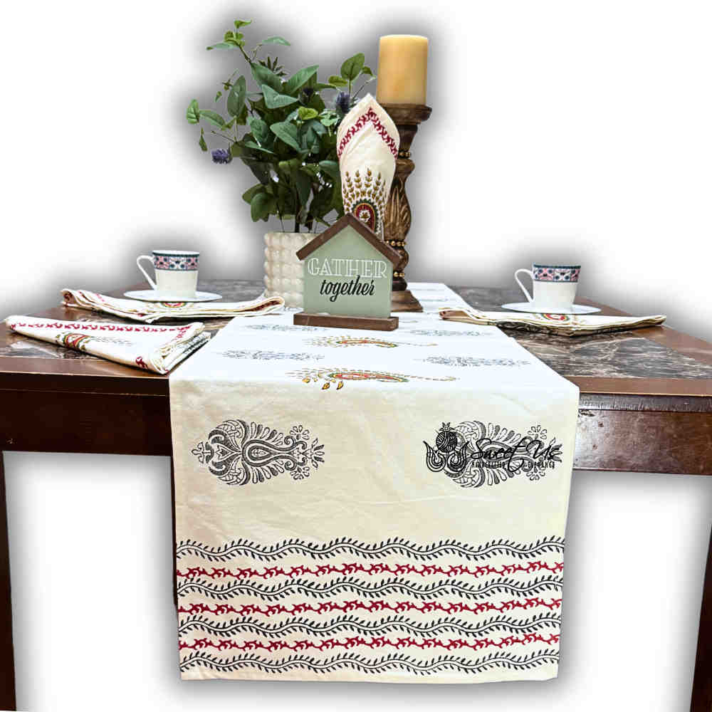 Paisley Cradle Floral Cotton Block Print Table Runner, Tuscan Foliage