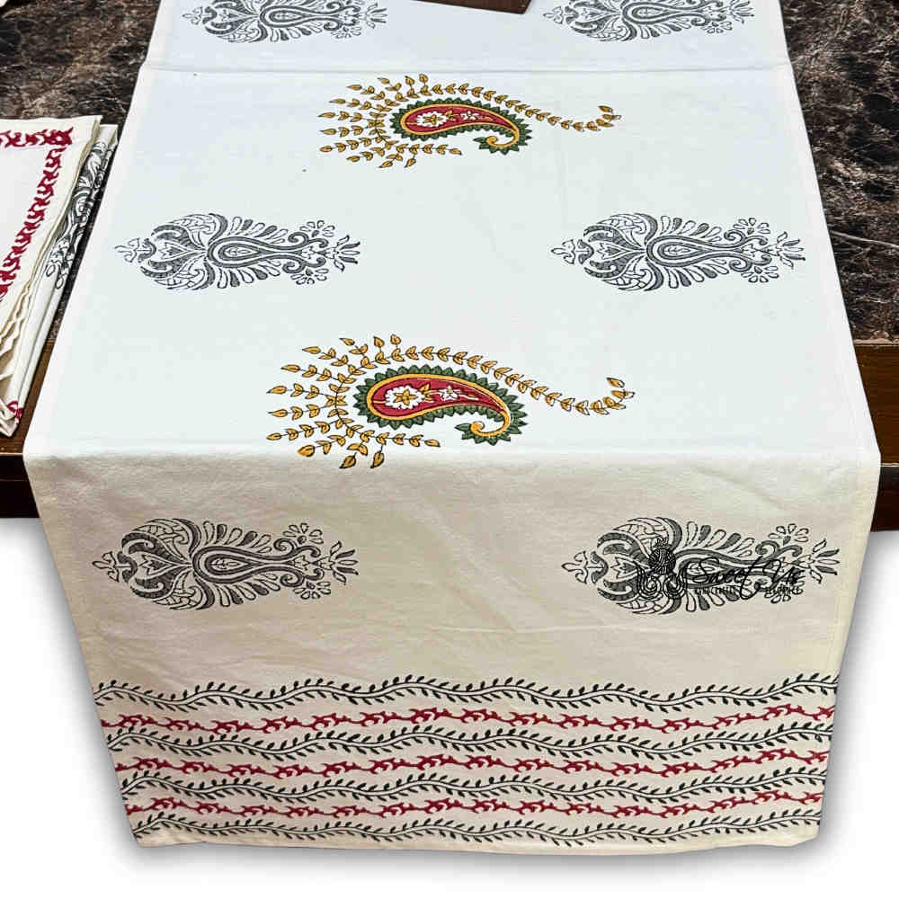 Paisley Cradle Floral Cotton Block Print Table Runner, Tuscan Foliage