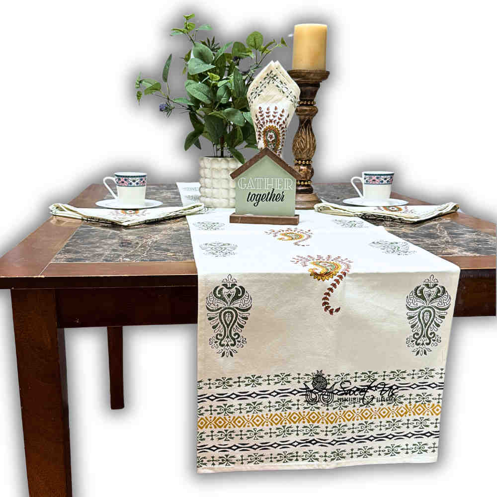 Paisley Cradle Floral Cotton Block Print Table Runner, Olive Grove