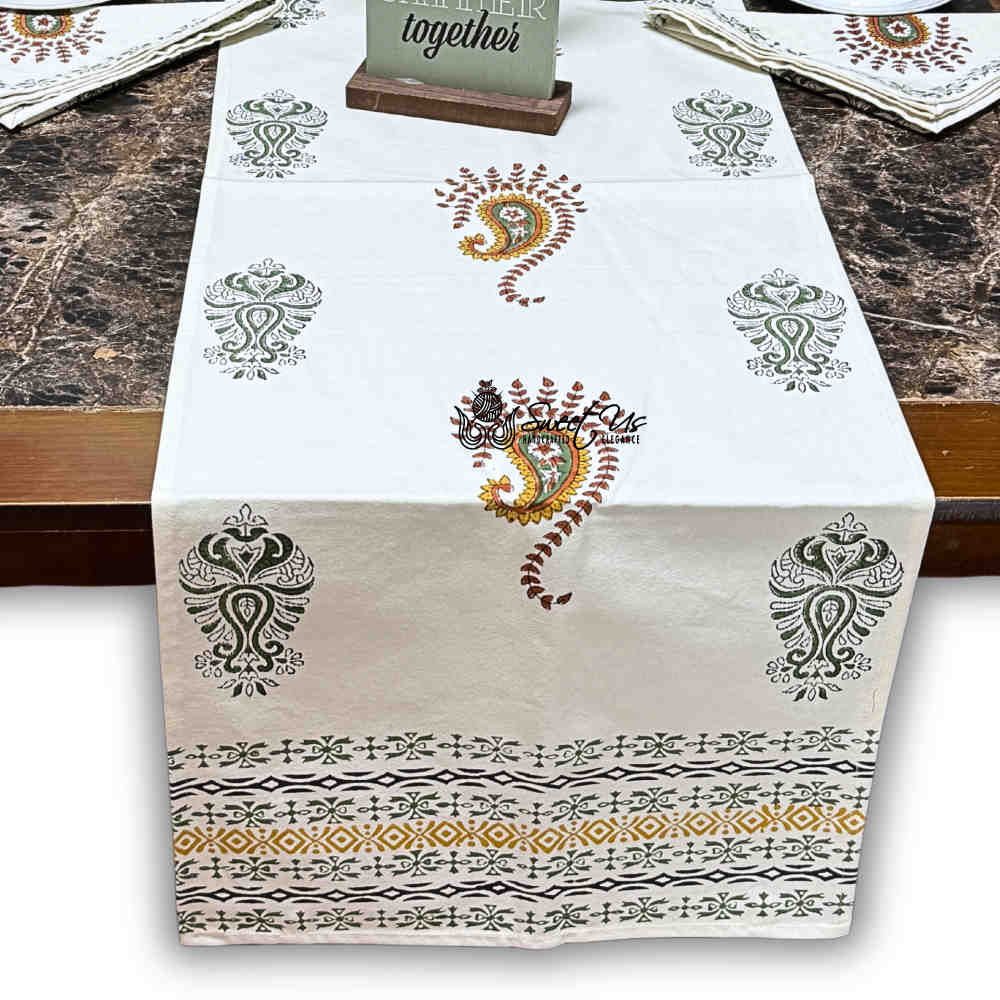 Paisley Cradle Floral Cotton Block Print Table Runner, Olive Grove