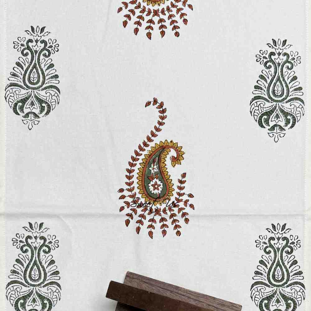 Paisley Cradle Floral Cotton Block Print Table Runner, Olive Grove