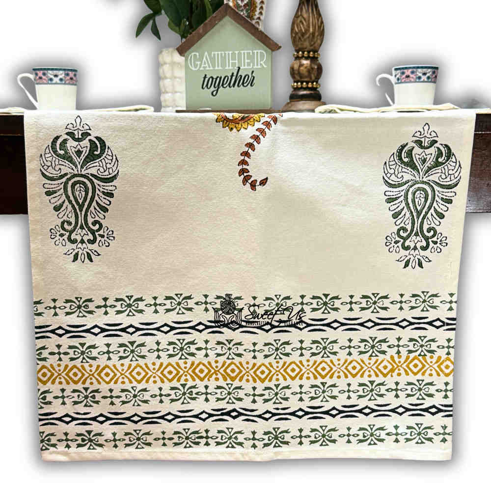 Paisley Cradle Floral Cotton Block Print Table Runner, Olive Grove