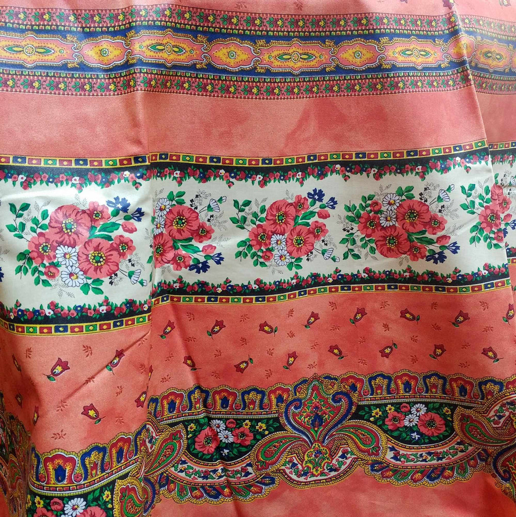 French Floral Tablecloth Provencal Acrylic Coated Cotton Salmon Peach 71" Round - Sweet Us