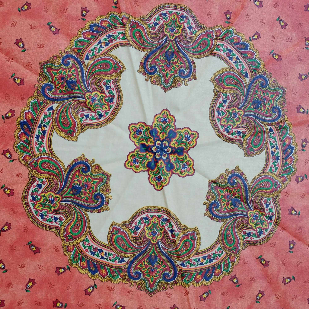 French Floral Tablecloth Provencal Acrylic Coated Cotton Salmon Peach 71" Round - Sweet Us