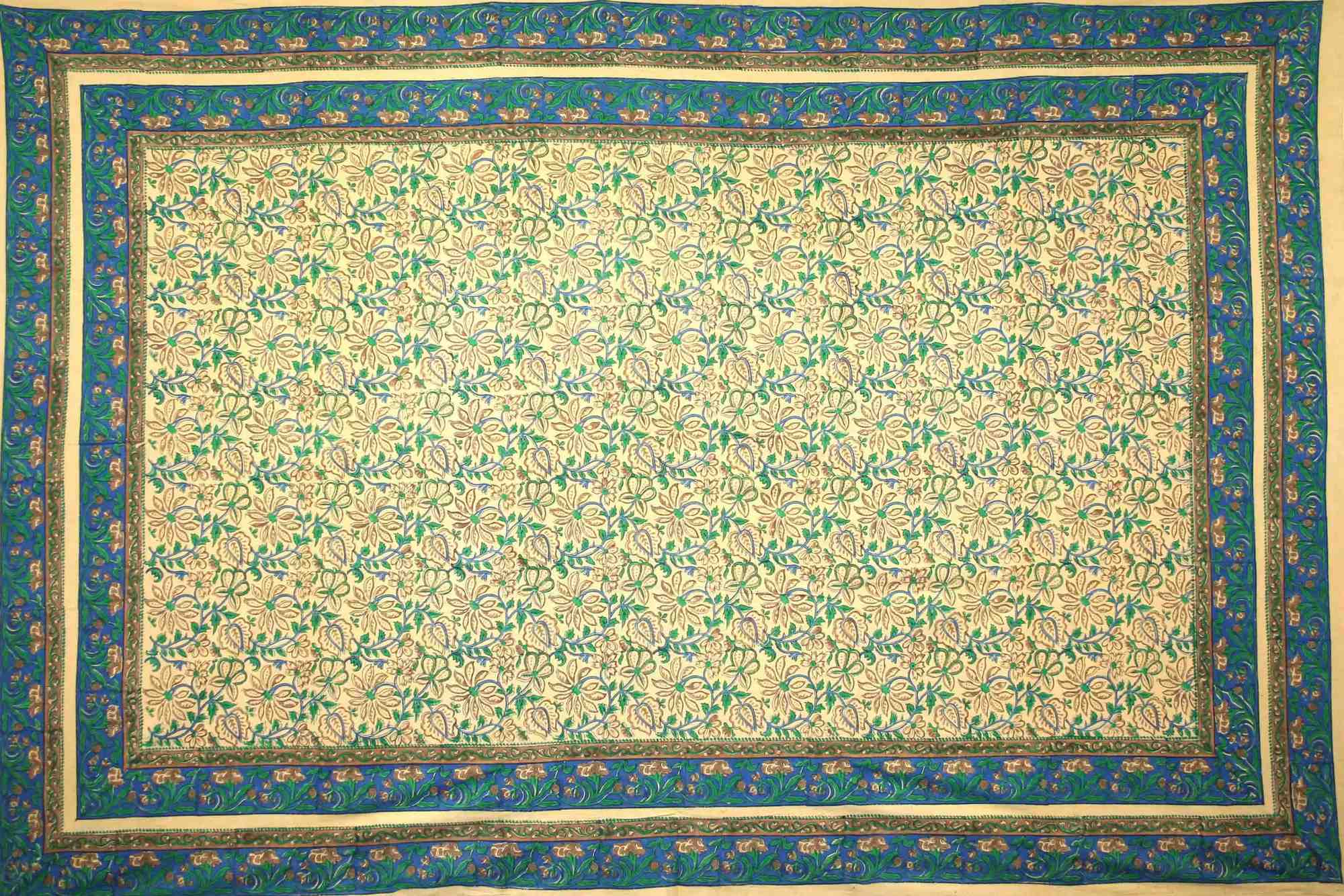 Block Print Tapestry Wall Hanging Cotton Floral Tablecloth Spread Green Blue Full - Sweet Us