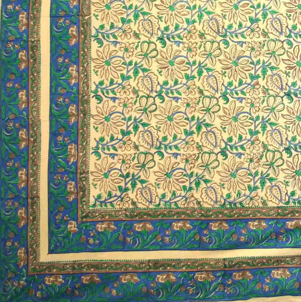 Block Print Tapestry Wall Hanging Cotton Floral Tablecloth Spread Green Blue Full - Sweet Us