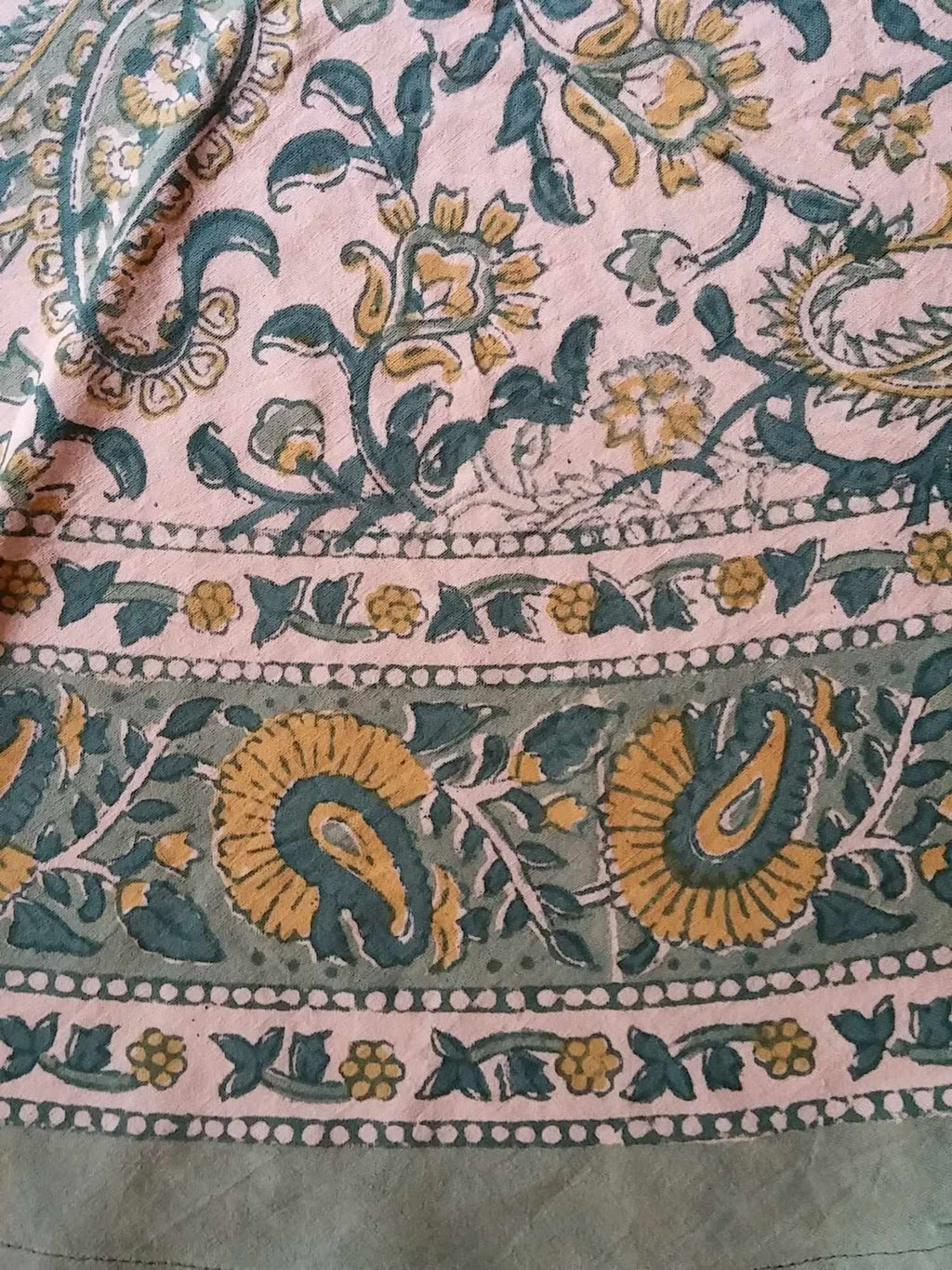 Floral Block Print Cotton Round Tablecloth Rectangle 60x90 Green Yellow Sq Linen - Sweet Us