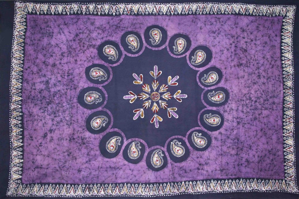 Handmade 100% Cotton Multi Batik Tapestry Bedspread Tablecloth Queen Purple - Sweet Us