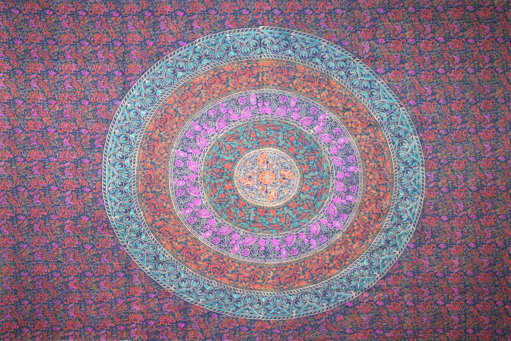 Handmade 100% Cotton Sanganer Mandala Tapestry Spread Queen 108x108 Blue - Sweet Us