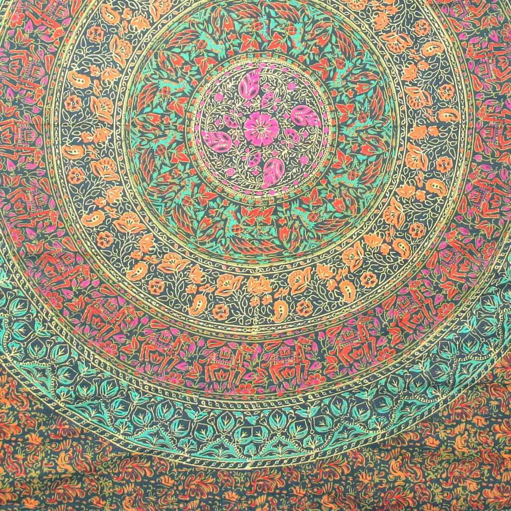 Handmade 100% Cotton Sanganer Mandala Tapestry Spread Queen 108x108 Green - Sweet Us