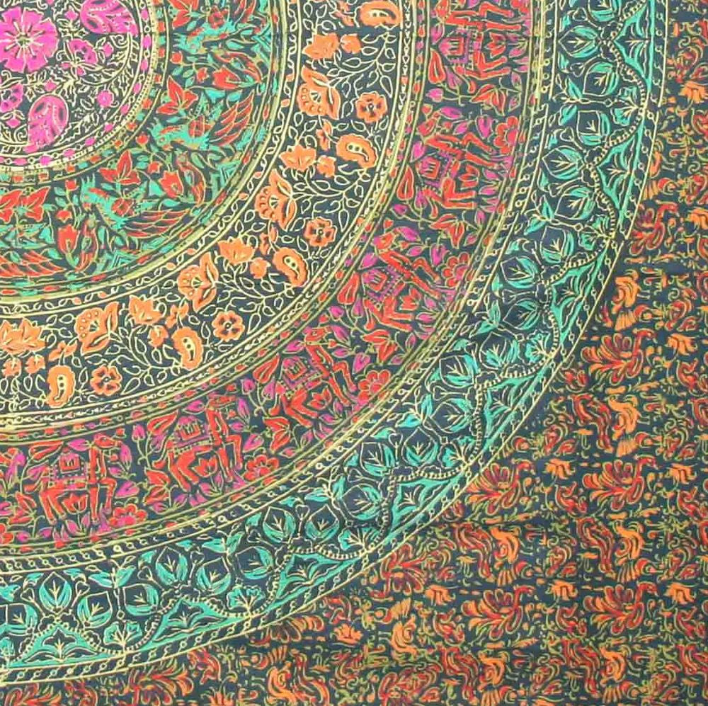 Handmade 100% Cotton Sanganer Mandala Tapestry Spread Queen 108x108 Green - Sweet Us