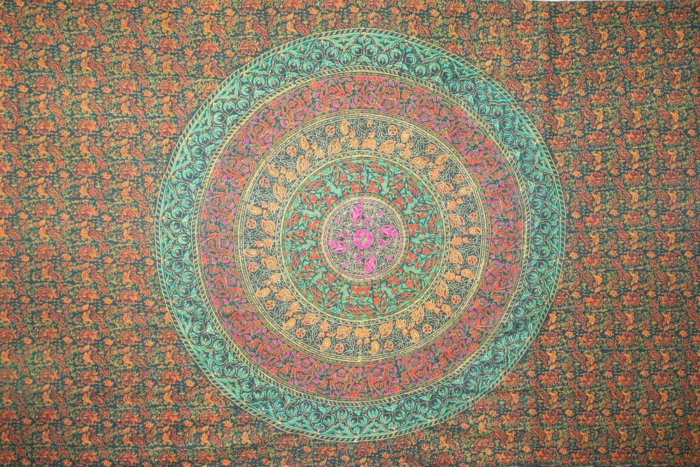 Handmade 100% Cotton Sanganer Mandala Tapestry Spread Queen 108x108 Green - Sweet Us