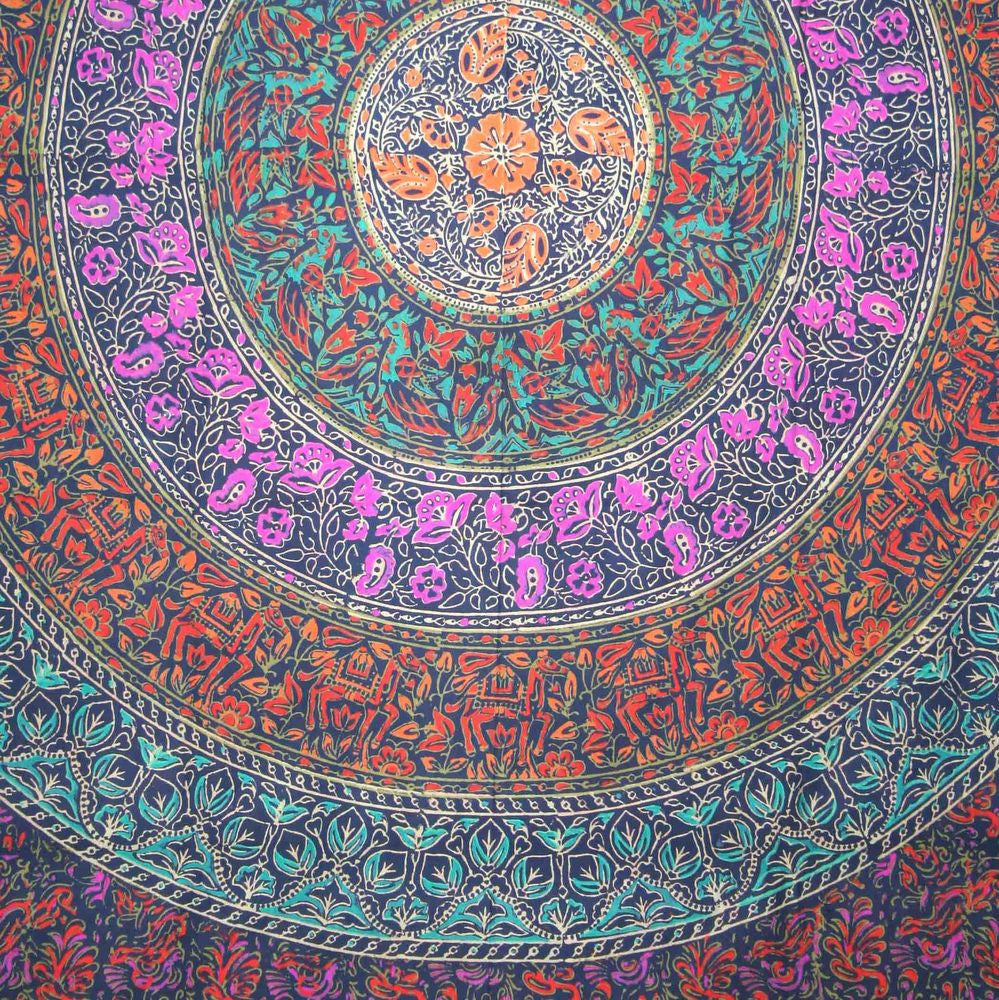 Handmade 100% Cotton Sanganer Mandala Tapestry Spread Queen 108x108 Blue - Sweet Us