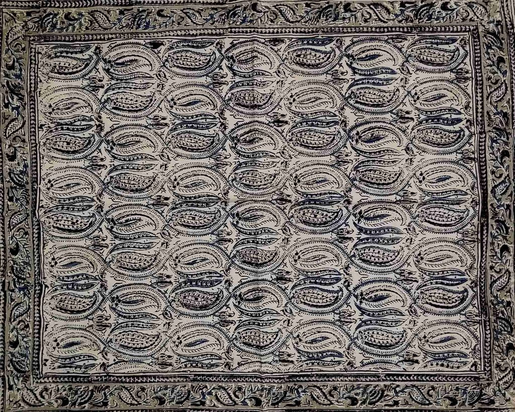 Block Print Vegetable Dye Reversible Cotton Duvet Cover Queen Sham Green Blue