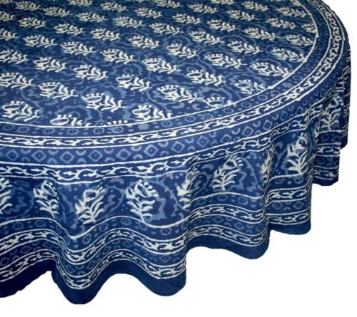 CLEARANCE Handmade Dabu Floral Block Print 100% Cotton Tablecloth 72" Round Blue - Sweet Us
