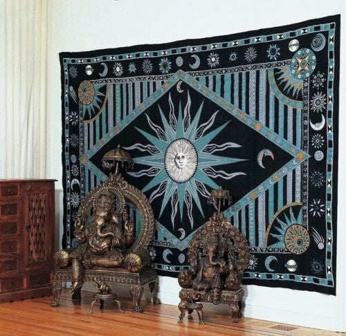 Handmade 100% Cotton Celestial Sun Moon Star Tapestry Coverlet Full Green 88x104 - Sweet Us
